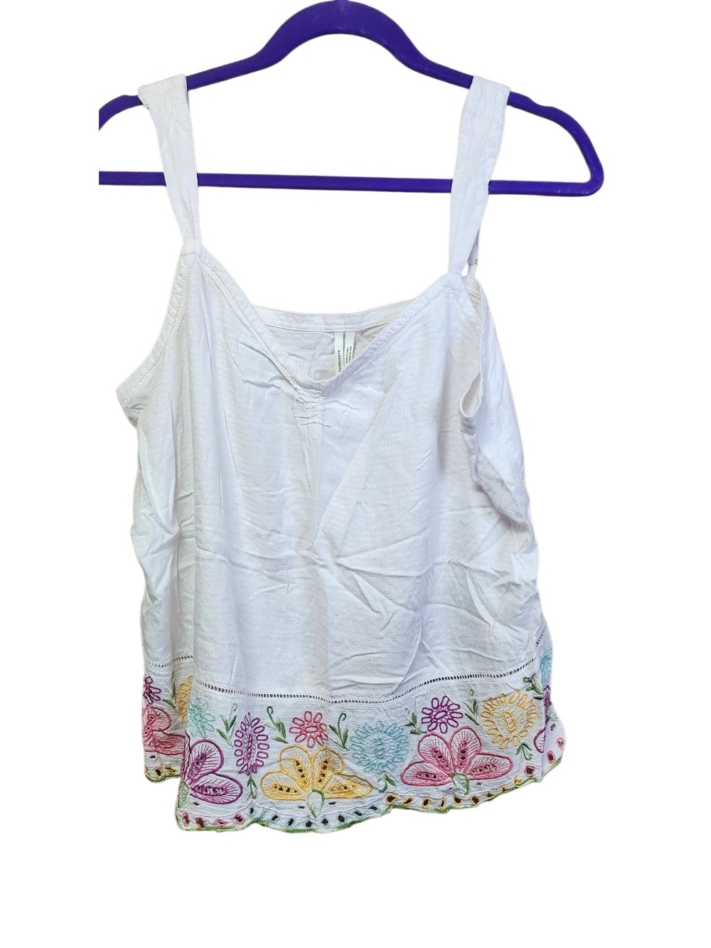 Anthropologie White Sleeveless Embroidered Hem Tank